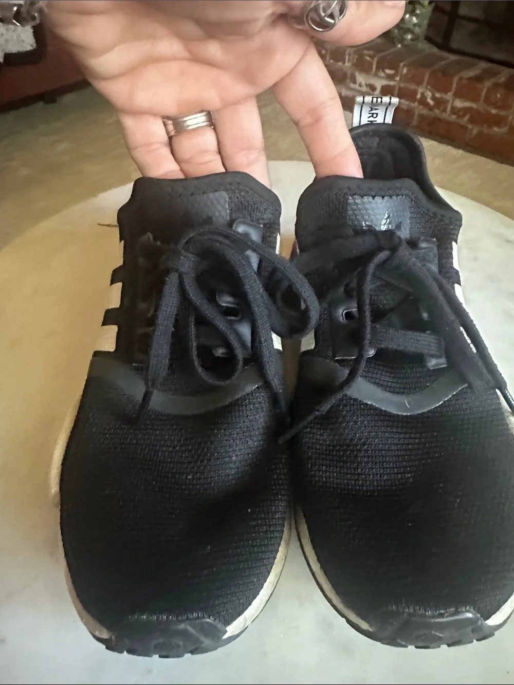 adidas Boost Women’s Black Sneakers with White Stripes and Pink Accent